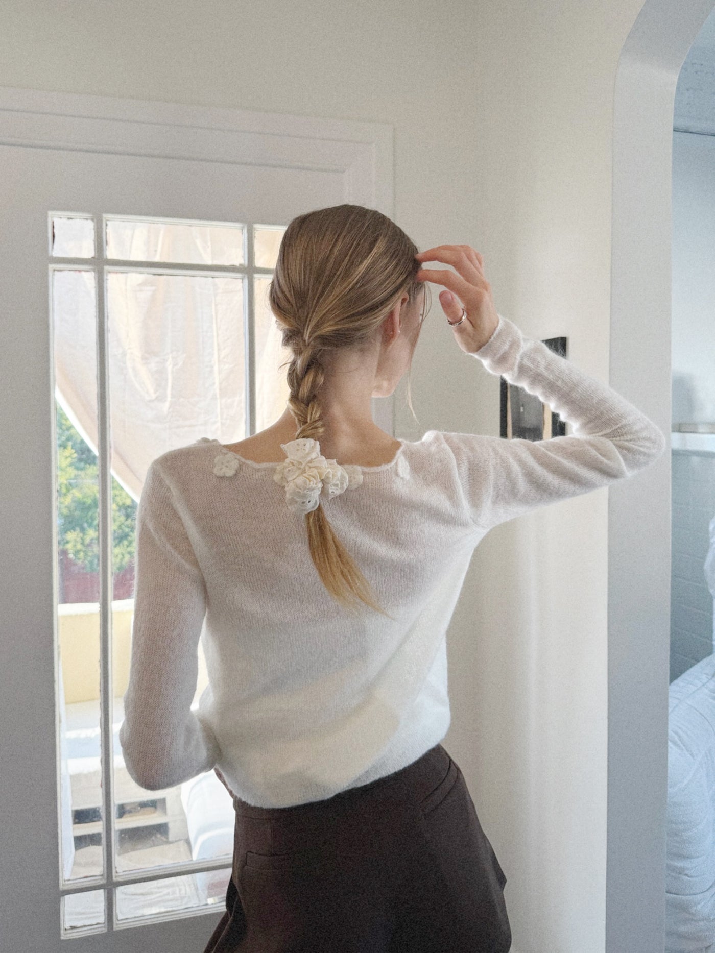 Mia Blu Delicate Knit Top with Crochet Flowers