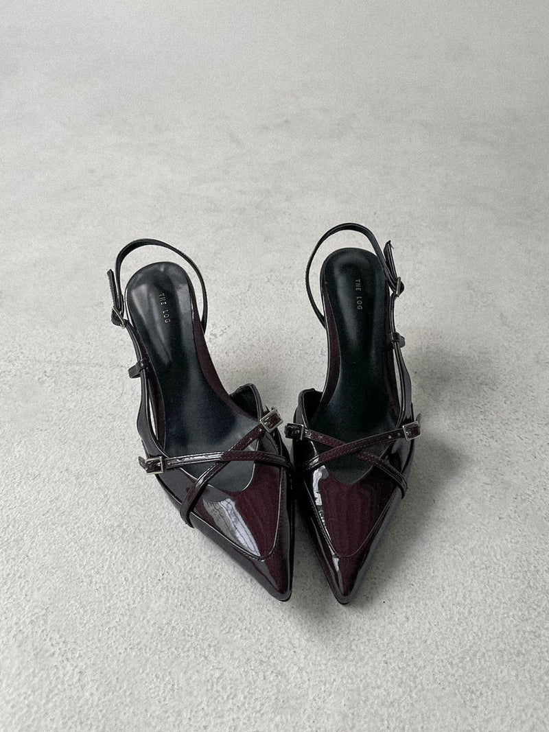 Ava Patent Leather Pointed Toe Cross Strap Slingback Heels