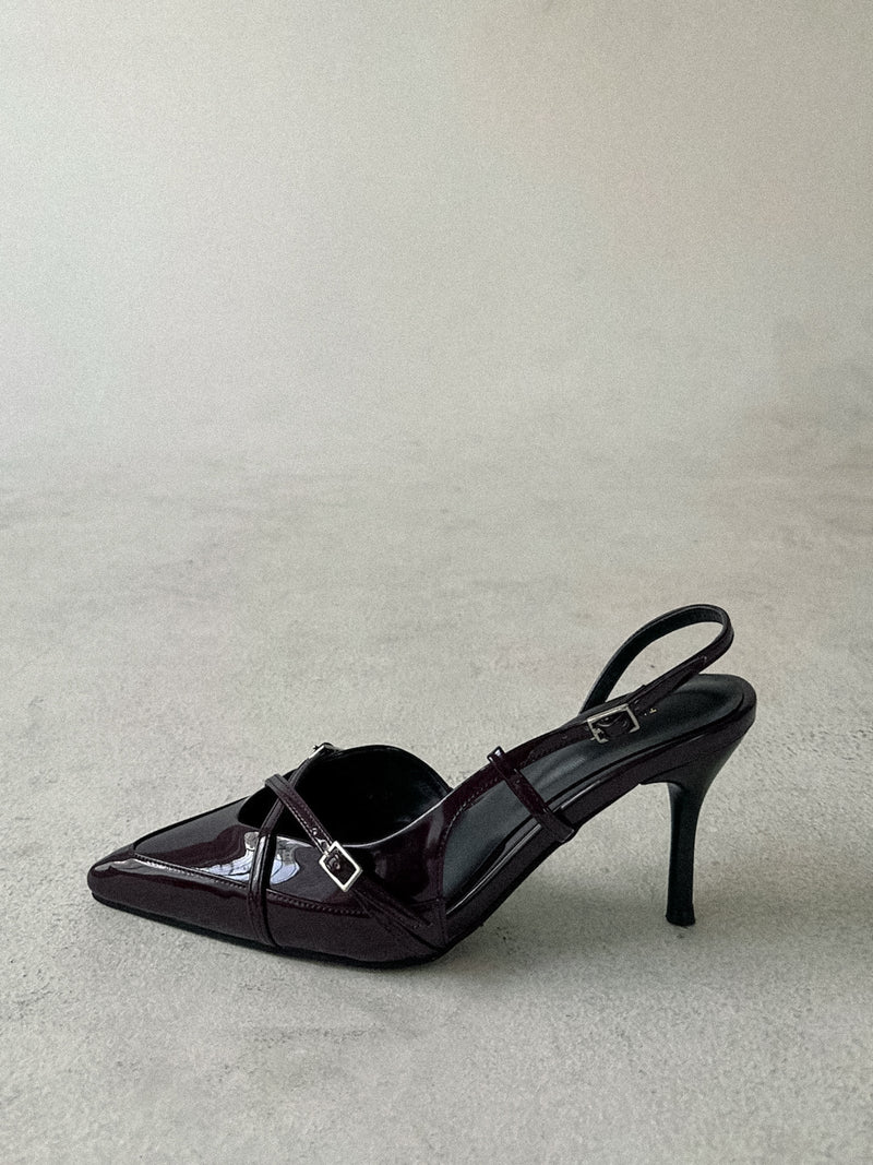 Ava Patent Leather Pointed Toe Cross Strap Slingback Heels