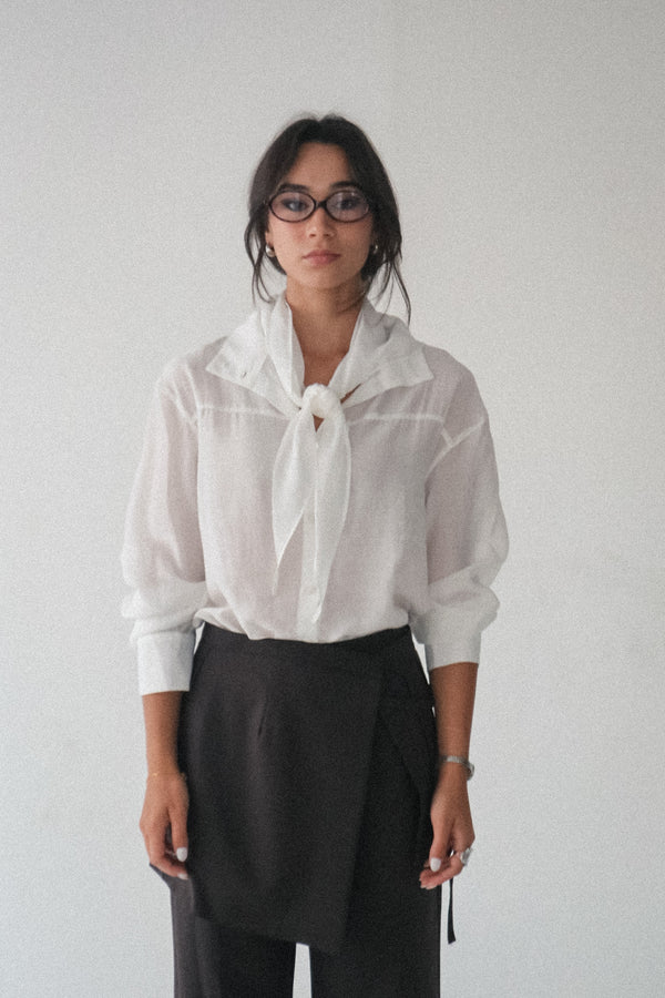 Mia Blu Draped Collar Sheer Shirt with Detachable Scarf