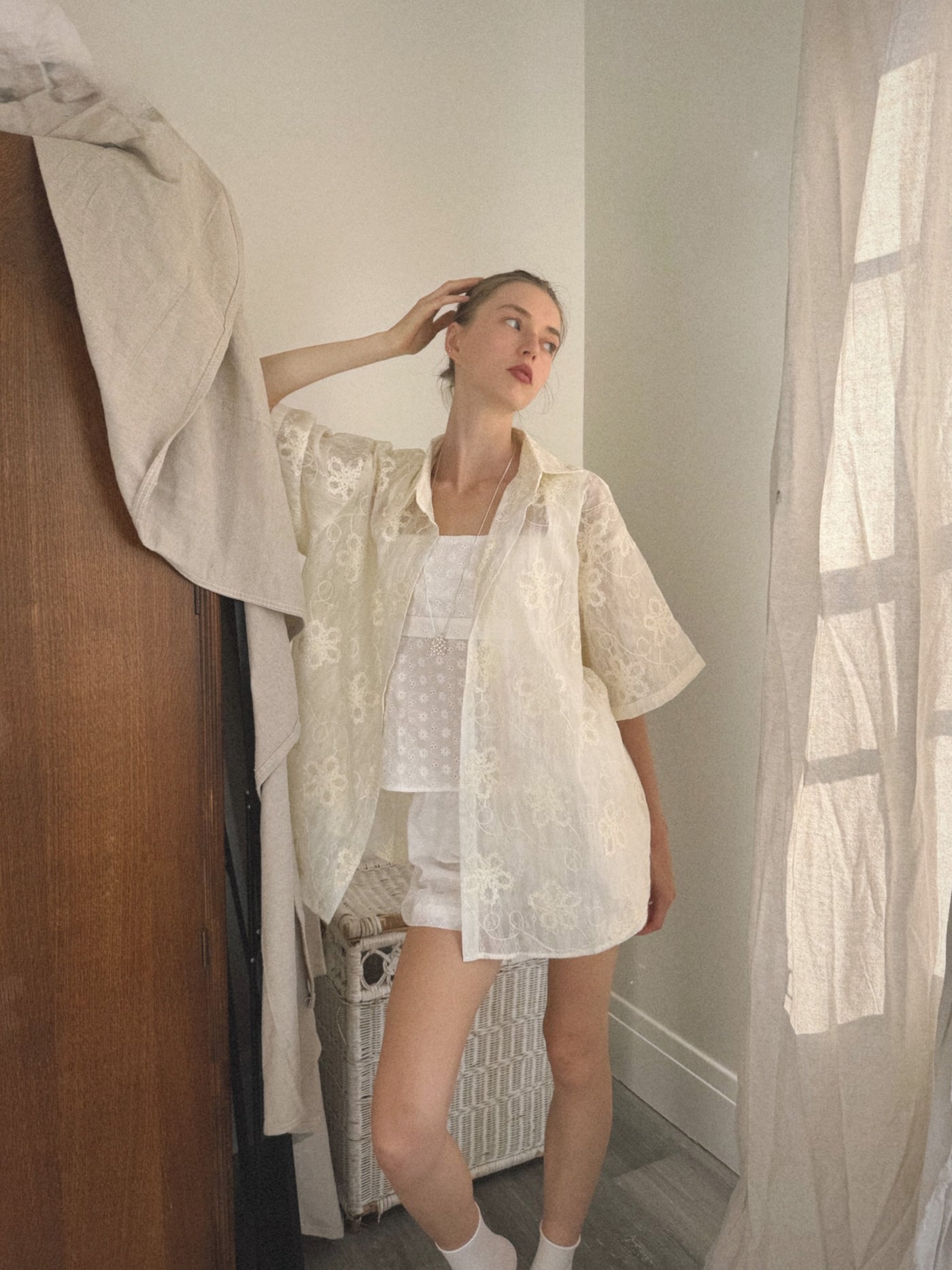 Sheer Embroidered Lace Button-Up Blouse