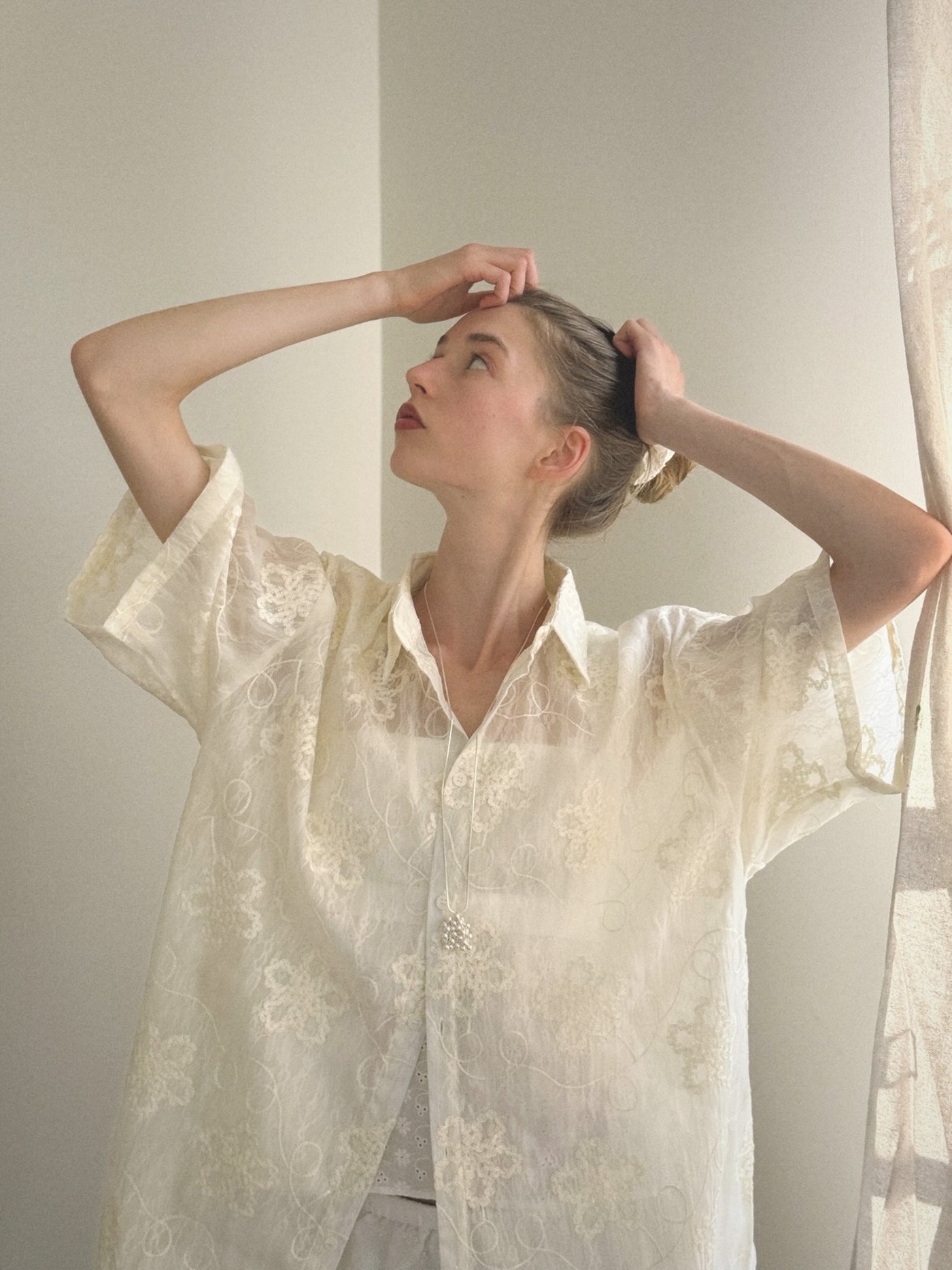 Sheer Embroidered Lace Button-Up Blouse