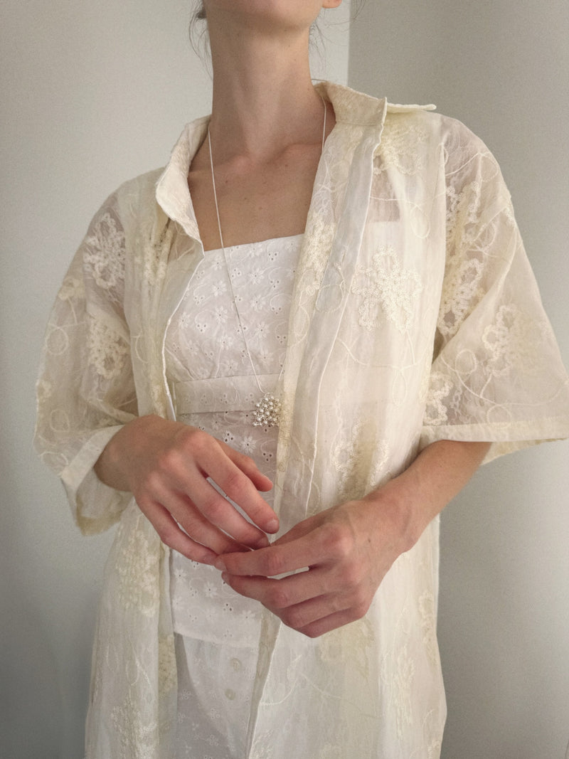 Sheer Embroidered Lace Button-Up Blouse