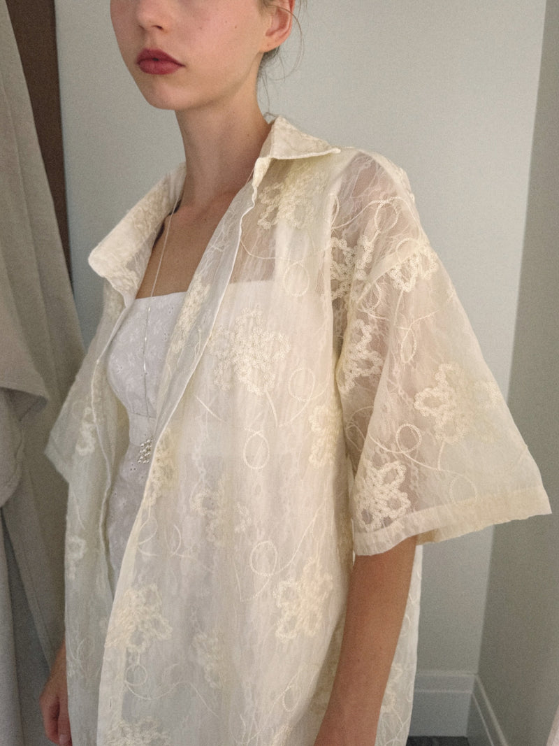 Sheer Embroidered Lace Button-Up Blouse