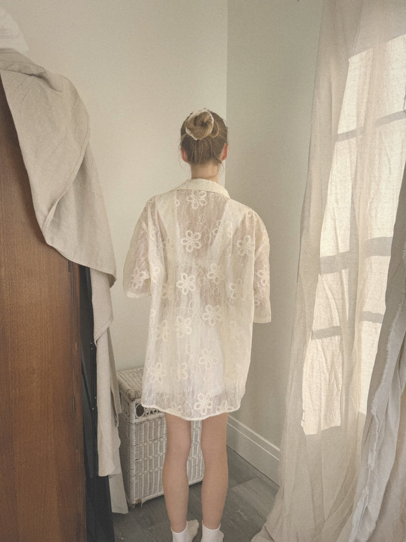 Sheer Embroidered Lace Button-Up Blouse