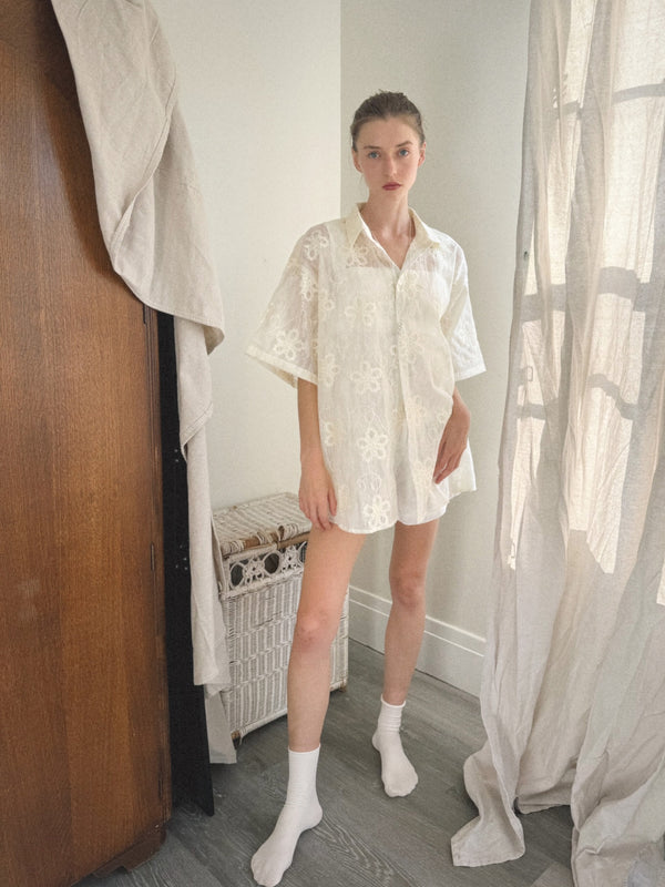 Sheer Embroidered Lace Button-Up Blouse