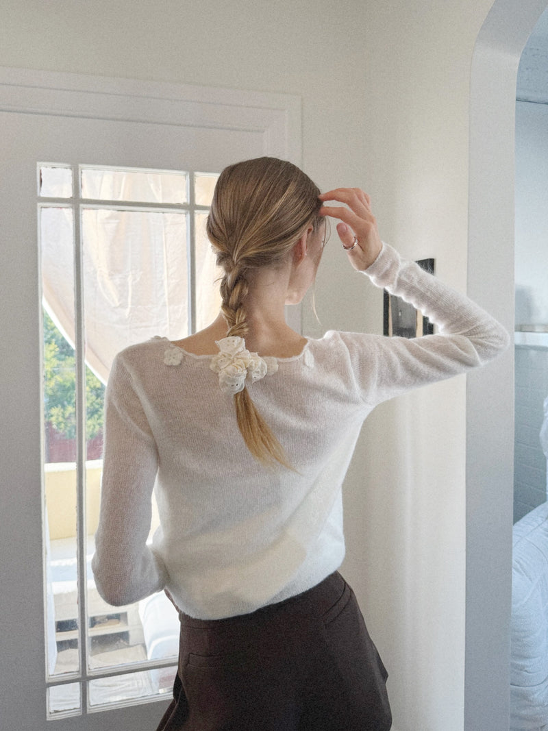 Mia Blu Delicate Knit Top with Crochet Flowers