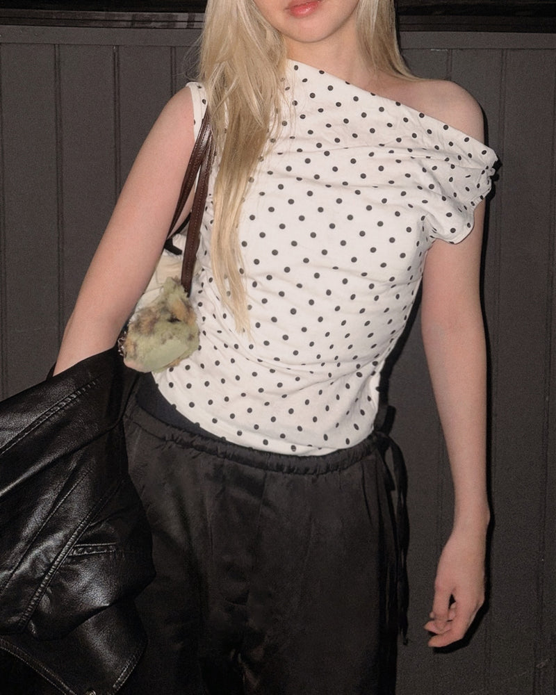 Margaux Polka Dot Asymmetrical Shoulder Top