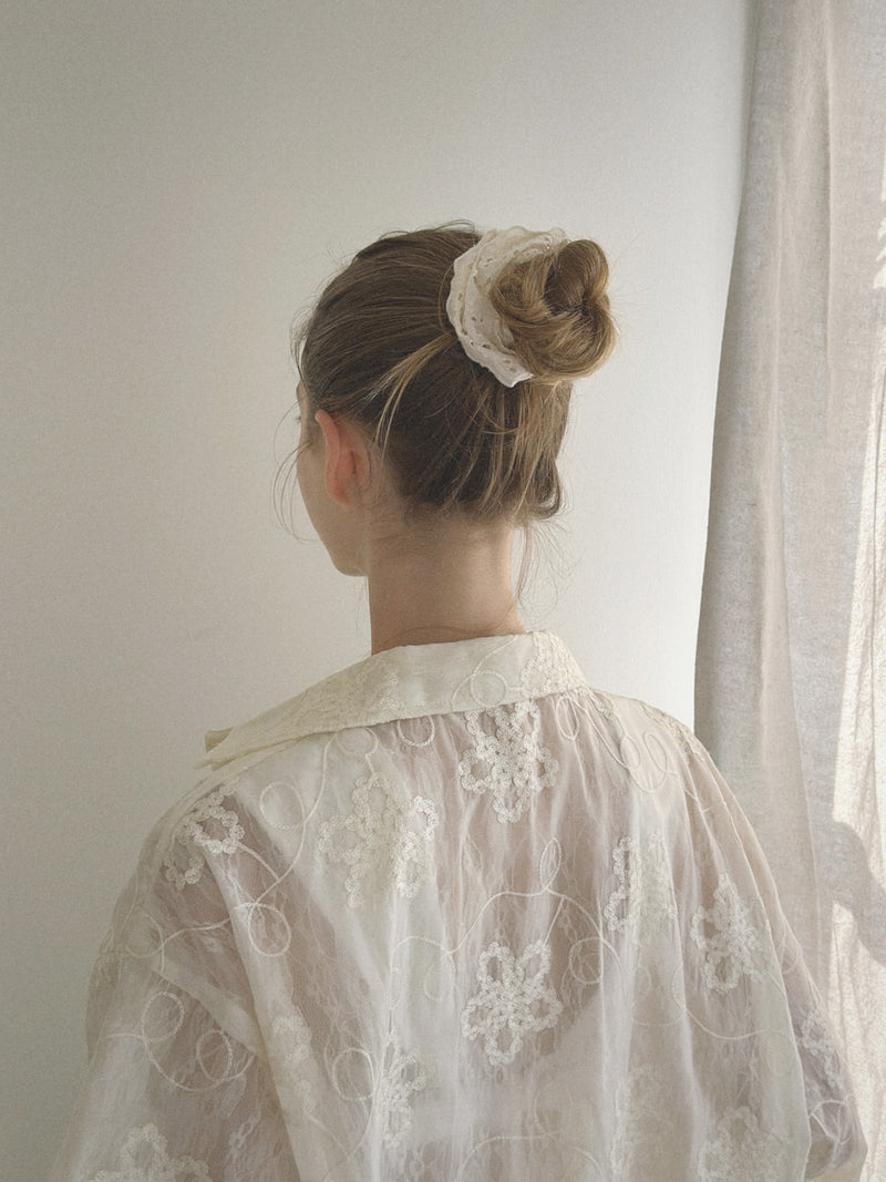 Sheer Embroidered Lace Button-Up Blouse