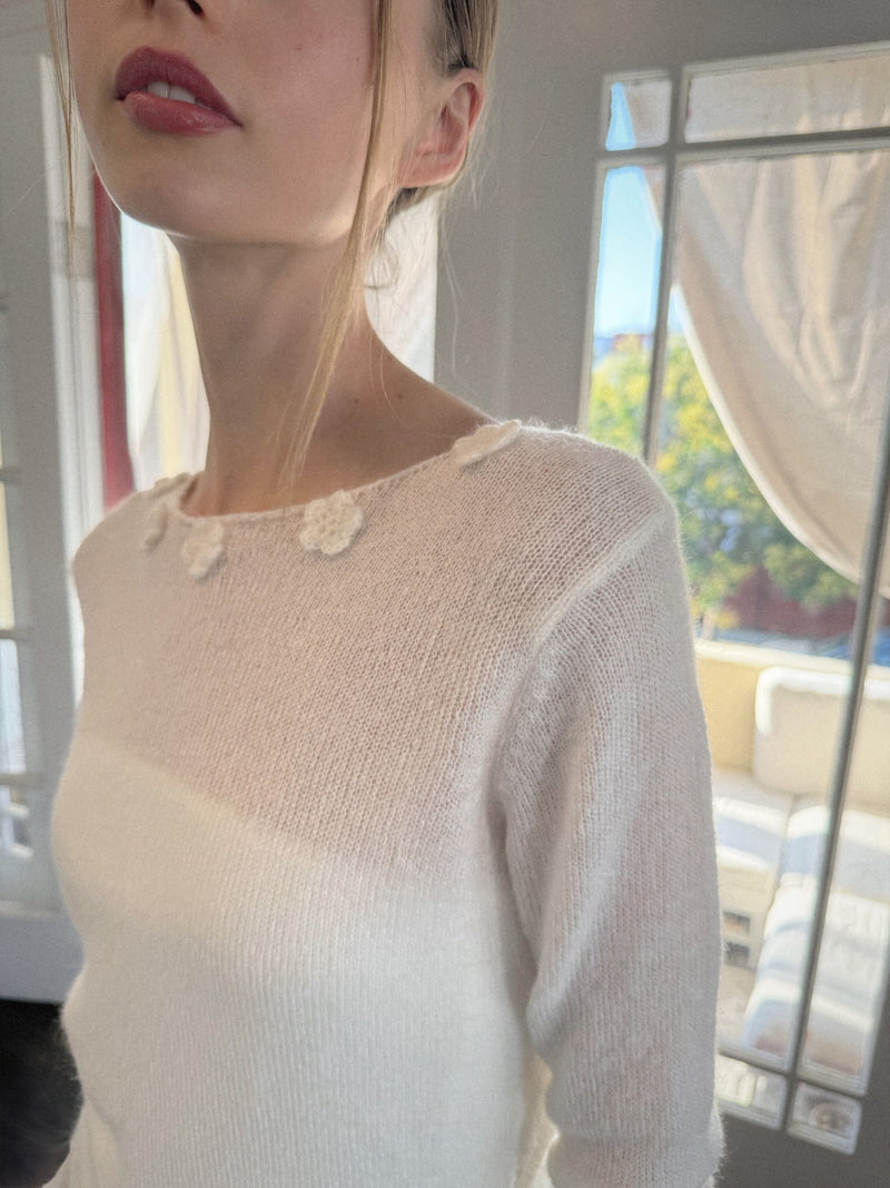 Mia Blu Delicate Knit Top with Crochet Flowers