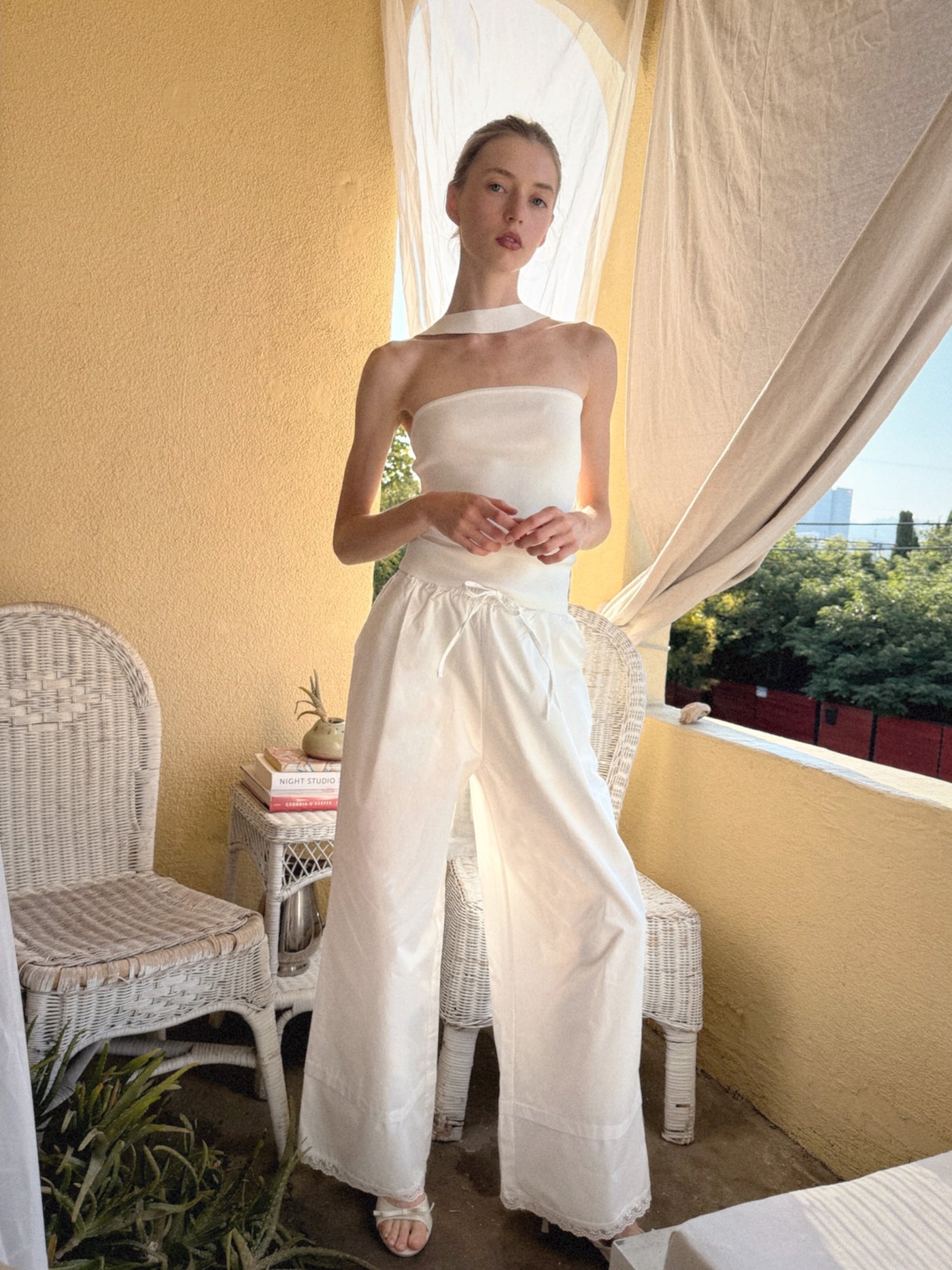 Soft Lace-Tipped Cotton Lounge Wide Pants