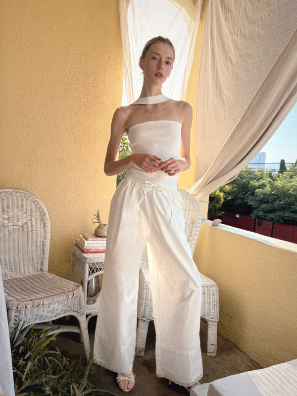Soft Lace-Tipped Cotton Lounge Wide Pants